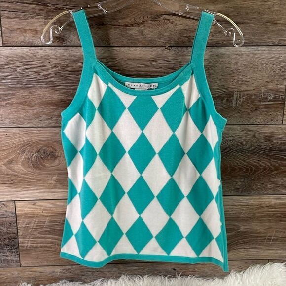 Versailles Diamond Argyle Cotton Tank Top Teal White Vintage NWT - Picture 2 of 8